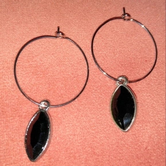 Black Marquis Rhinestone Silver Hoop CZ Crystal Dangle Earrings Basics Hoops New - Picture 2 of 6